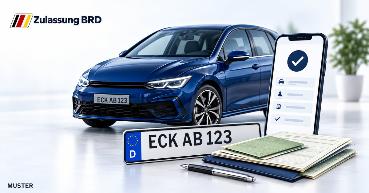 Online Fahrzeugzulassung in Eckernförde: Musterkennzeichen ECK AB 123, Auto und Fahrzeugpapiere und Smartphone. Illustration mit Logo von Zulassung BRD.